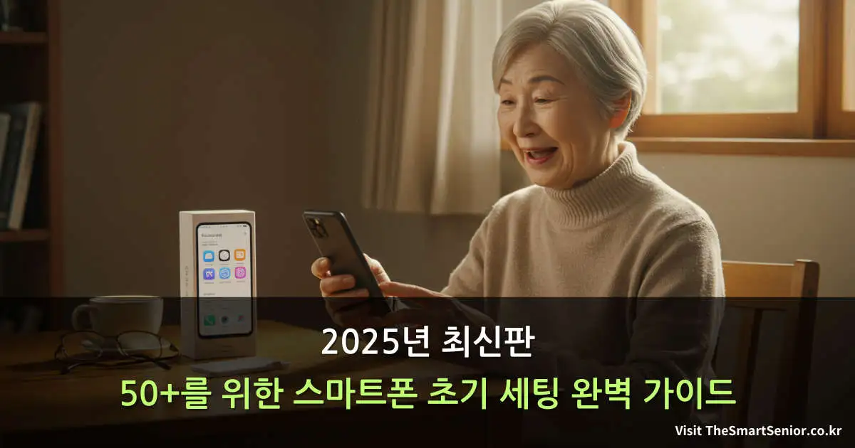 시니어가 스마트폰 초기 설정을 하며 만족해하는 모습 - 50대 이상 스마트폰 사용법 가이드 썸네일