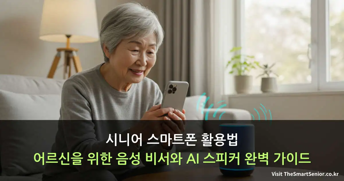 시니어 스마트폰 활용법 가이드 - 어르신이 스마트폰을 사용하며 음성 비서 기능을 활용하는 모습을 보여주는 썸네일 이미지