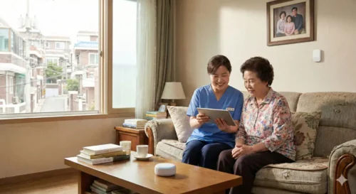 생활지원사가 노인 어르신 댁을 방문하여 대화하고 있으며, 테이블 위에 AI 스마트 스피커가 놓여있는 모습.