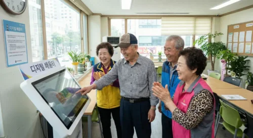 노인 복지관에서 여러 어르신들이 모여 활짝 웃으며 디지털 기기 활용 교육에 참여하고 있는 활기찬 모습.