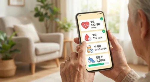 스마트폰으로 혈압, 혈당, 복약 등 건강 기록을 확인하는 시니어 헬스케어 앱 사용 모습