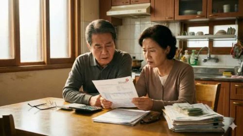 은퇴 후 건강보험료 고지서를 확인하며 걱정하는 60대 부부 - 식탁 위에 건보료 고지서와 계산기가 놓여 있다