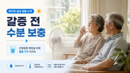 무더위에 물 마시는 시니어 부부